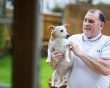 Man holding dog in garden.