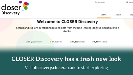 CLOSER Discovery website landing page with caption "CLOSER Discovery has a fresh new look. Visit https-discovery-closer-ac-uk-443.webvpn.ynu.edu.cn to start exploring"