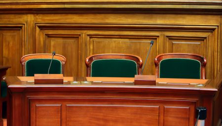 Empty vintage court's room with table,chairs and microphones.